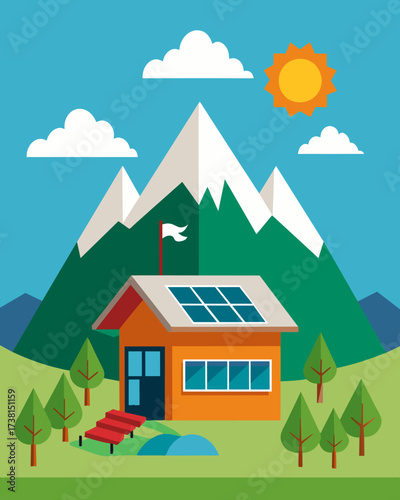 A remote mountain school inaccessible by traditional electricity grids now runs entirely on solar energy providing education for children in a previously underserved area.. Vector illustration