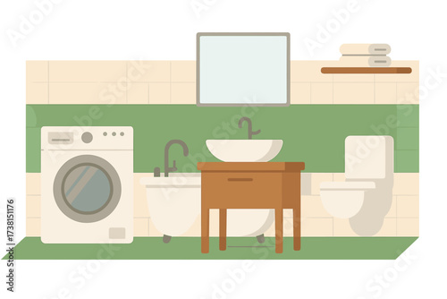 Modern bathroom interior in flat design style. Vector illustration of a domestic room with furniture, bathtub, toilet, sink and washing machine. Home apartment hygiene concept.
