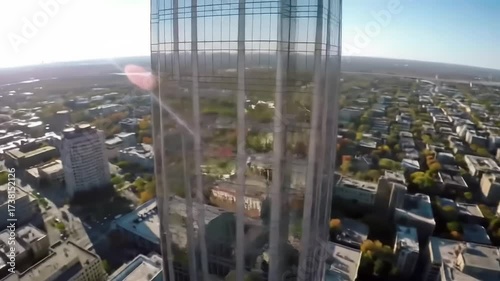 High rise building exterior reflecting surrounding cityscape on sunny day