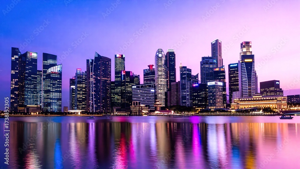 Fototapeta premium Singapore City Skyline with Colorful Twilight Reflections.