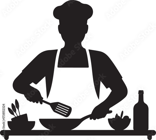 Chef Cooking in Kitchen with Ingredients and Wine Bottle Silhouette food culinary