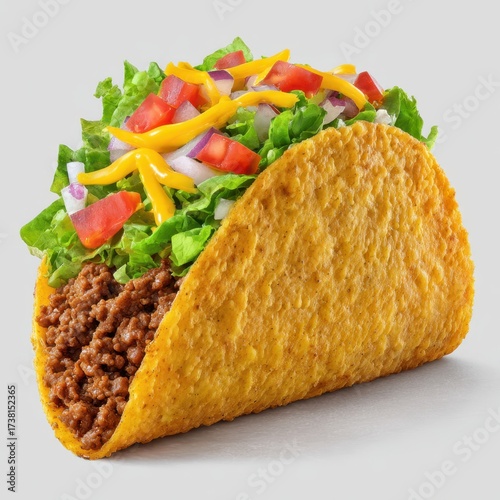 Delicious crunchy taco filled with seasoned ground beef and fresh toppings