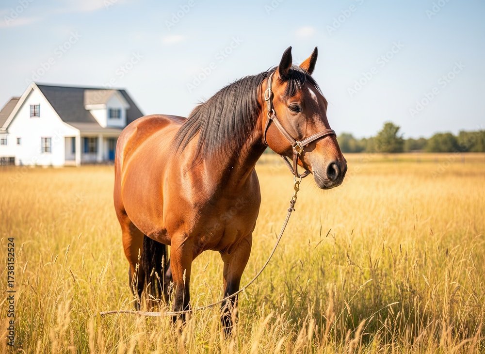 Fototapeta premium Brown horse standing in tall grass near a white farmhouse under blue sky. Peaceful rural landscape with summer light, countryside scenery, and calm natural atmosphere.