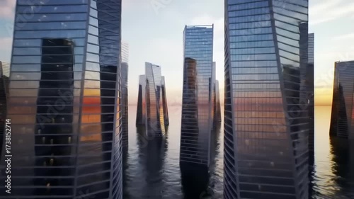 Modern cityscape with skyscrapers rising above water against sunset