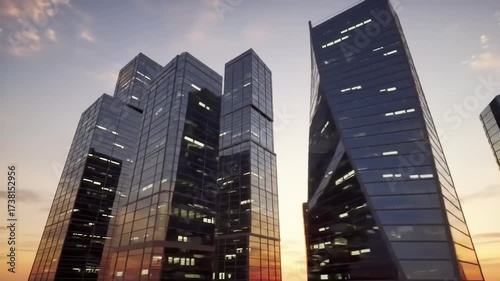 Modern skyscrapers at sunset urban architecture and commercial buildings