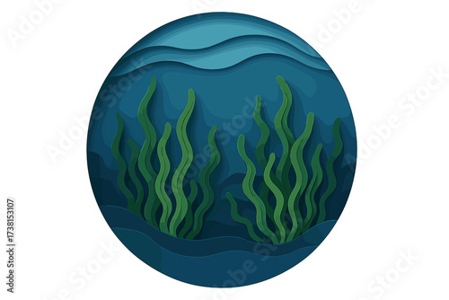 Paper cut underwater scene. Abstract ocean bottom with 3D green seaweed and blue waves. Marine life and diving concept illustration. Round layered paper craft template vector.