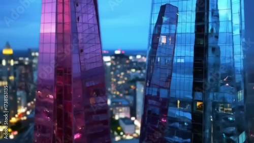 Modern skyscrapers illuminated with colorful facades against evening sky