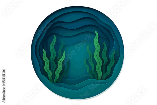 Paper cut abstract underwater scene with deep blue waves and green seaweed. Marine life and diving concept in a round 3D template. Layered papercraft vector illustration.