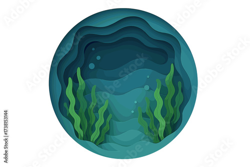 Paper cut underwater sea bottom with algae and waves. 3D paper craft deep style illustration. Deep blue marine life, diving concept. Round template for creative design.