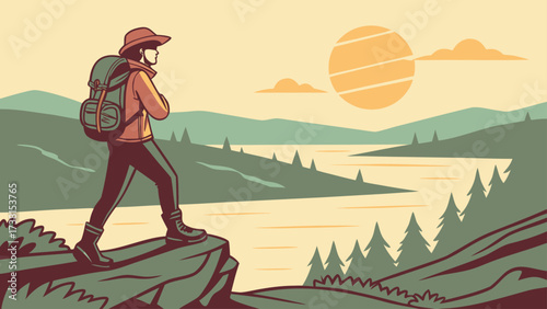 Inspiring outdoor adventure illustration of a hiker at sunrise with backpack, promoting nature, travel, and exploration lifestyle for adventure seekers