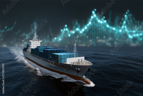 Cargo ship navigates smooth waters while data graphics rise behind