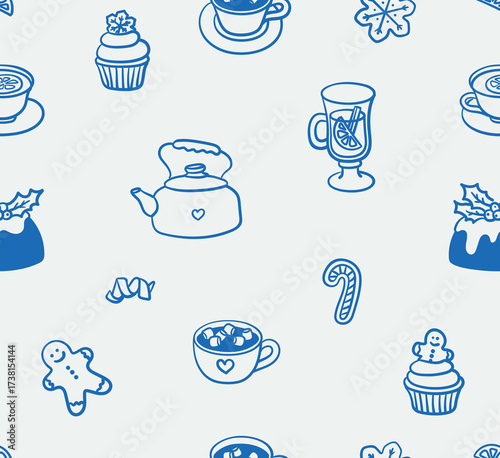 Seamless pattern of Christmas drinks. Line art, ink, minimalist style. Vector illustration. Winter holidays collection.