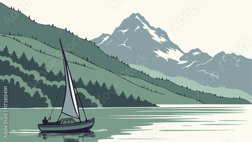 Escape to Serenity Sailing on a Calm Lake Surrounded by Majestic Mountains and Lush Green Forest, Perfect for Adventure Seekers and Nature Lovers