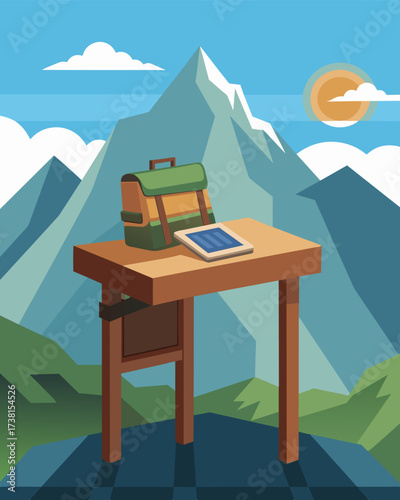 A rustic wooden desk positioned on a scenic mountaintop powered by a solar panel attached to a small backpack.. Vector illustration