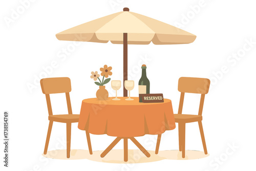 Reserved table for two in a park cafe under a parasol. Romantic date setting with wine and flowers. Flat vector illustration for booking, event, or dining concepts.