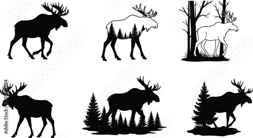Set of six moose silhouettes with forest pine tree double exposure effect, wildlife animal vector illustration for nature, hunting, outdoor design