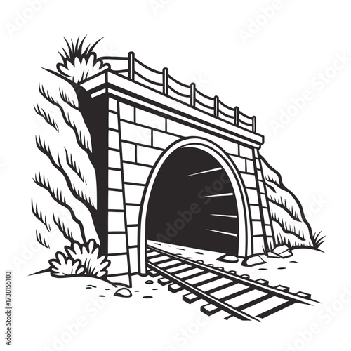 Classic railway tunnel entrance with train tracks vector icon in a black and white vintage monochrome style