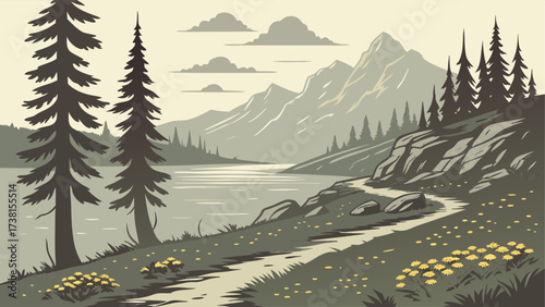 Stunning mountain landscape with serene lake and hiking trail, perfect for outdoor adventure promotions and nature-themed designs, originally scalable vector graphics