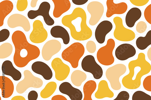 Seamless abstract organic oval and round liquid distorted shapes pattern, retro 70s groovy minimalist flat vector background, mod silhouette for textile, wallpaper, wrapping, vintage decor
