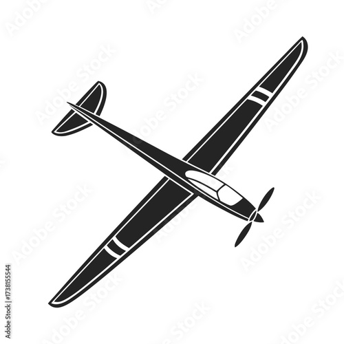 Silhouette of a sleek, high-performance glider aircraft, featuring a pointed nose, long wings, and a twin-tail design, captured from a top-down perspective against a clean white background