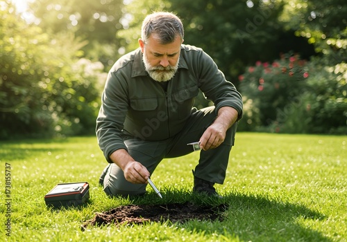 Experienced gardener meticulously testing soil quality with advanced equipment in a vibrant sunlit garden, ensuring optimal plant health and growth