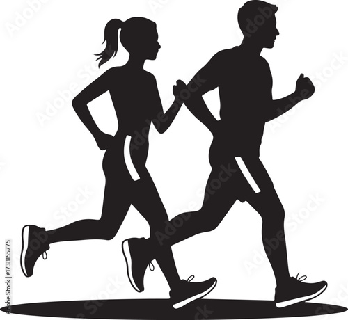 Silhouette of a man and woman running side by side couple