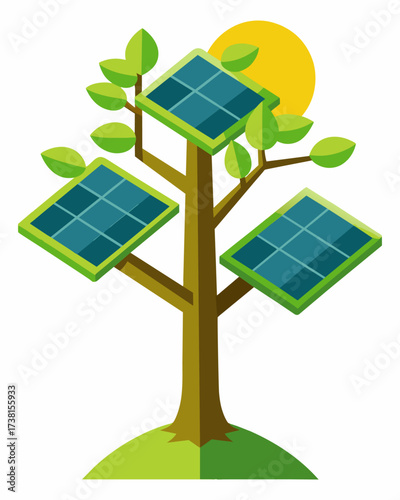 A large threedimensional solar panel installation in the shape of a tree with branches reaching up towards the sun.. Vector illustration