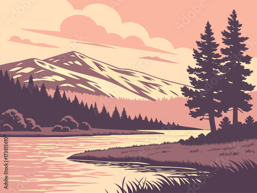 Serene mountain landscape with calm river, towering pines, and dreamy sky, evoking peace and tranquility, perfect for nature lovers and travel enthusiasts