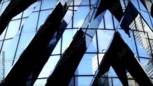 Abstract architectural facade with reflective glass and geometric shapes