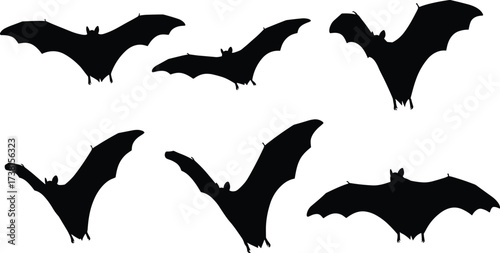 Silhouette collection of flying bats in black vector style, nocturnal animals illustration for Halloween, wildlife, night, decoration, spooky, design, artwork