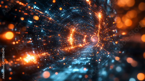 Abstract tunnel of blurry orange and blue lights