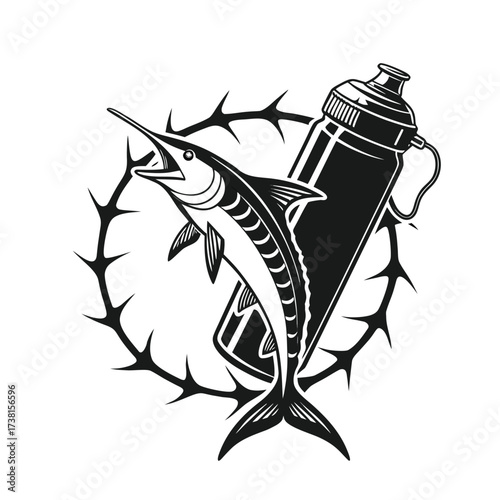 Jumping marlin fish and sport water bottle in a thorny wreath, a monochrome emblem silhouette on a white background
