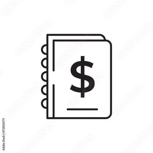 Editable stroke line icon of a ledger with a dollar sign, symbolizing financial records, accounting books, or budget tracking. Ideal for apps, websites, and infographics on finance or economy.
