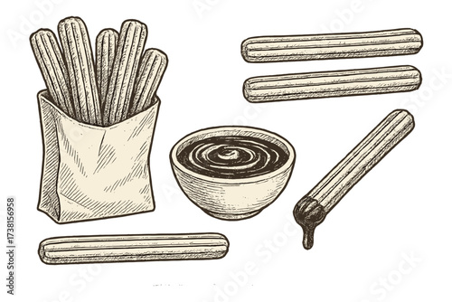 Hand drawn vintage churros set, assorted churro shapes, Mexican snack sticks in paper bag, bowl of hot chocolate sauce, dessert illustration, retro contour sketch, traditional street food