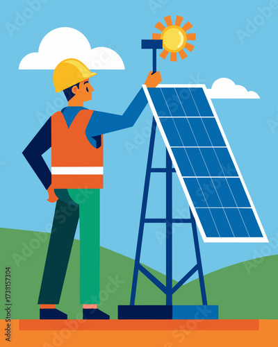 A worker on the rig checks the solar panels ensuring they are functioning at full capacity and generating additional energy for the rigs needs.. Vector illustration