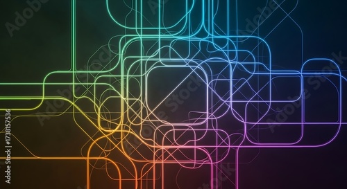 Iridescent geometric circuit pathways in a dark field with rounded corners and glowing edges