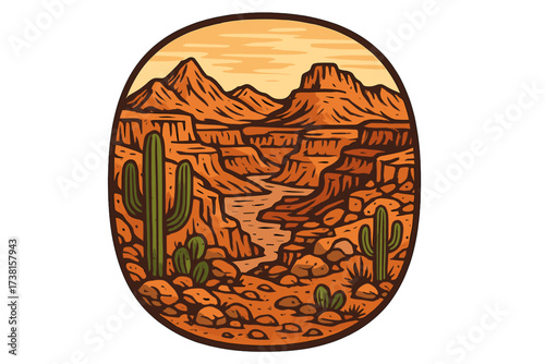 Grand Canyon Arizona landscape badge illustration with dramatic desert sunset, rocky mountains, stone canyon, riverbed, green cactuses, arid terrain, nature travel vector for sticker, emblem, patch