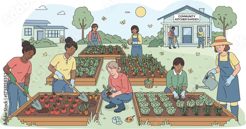 Volunteers growing fresh vegetables in community kitchen garden with raised beds