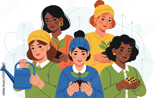 Diverse women nurturing new business growth and environmental sustainability