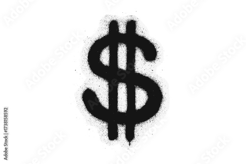 Urban graffiti dollar sign icon. Spray painted black dollar symbol. Street art money currency. Grunge financial graffiti. Isolated vector illustration textured on white background design element.