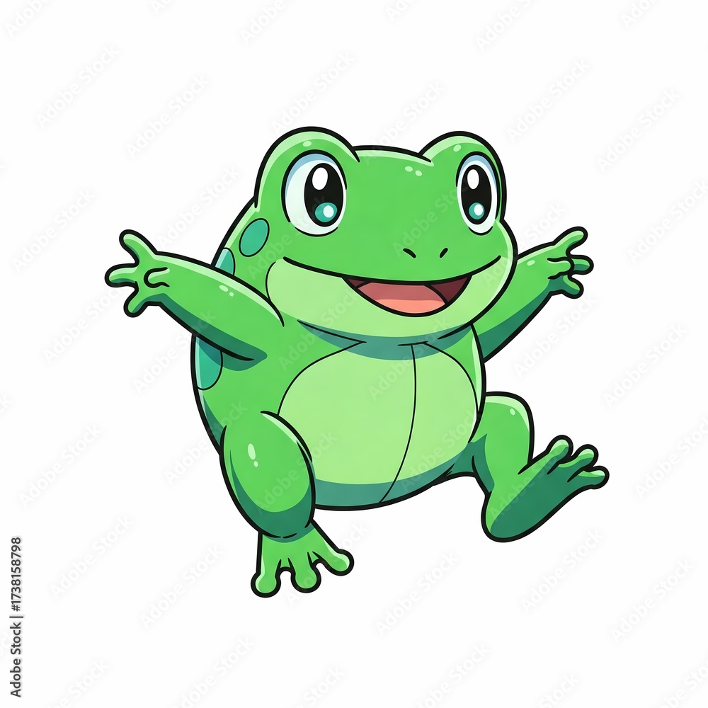 Naklejka premium Cute jumping frog. Adorable cartoon amphibian illustration with a big smile.