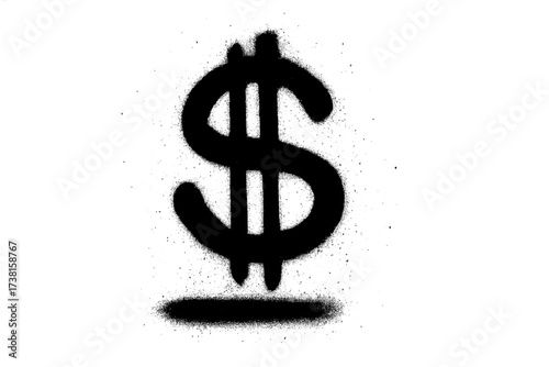 Urban graffiti art dollar sign icon. Black spray painted textured vector illustration with rough splatter effect. Hand drawn money symbol on white background for street art, finance, banking, economy.