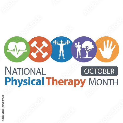 National Physical Therapy Month October Graphic with Icons for Heart Health, Dumbbells, Weightlifting, Rehabilitation, and Movement Awareness

