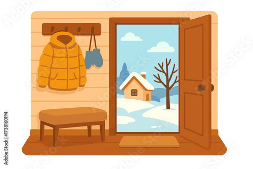 Cozy hallway interior with wooden bench, coat rack, yellow down jacket, blue mittens, open door, inviting winter landscape view, snowy cottage, leafless tree, rural home, flat vector illustration