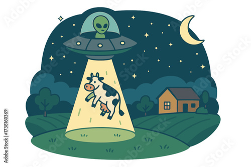 Nighttime UFO Abduction of Cow, Alien Spaceship Beam on Farmland, Cartoon Rural Scene with Barn, Pasture, Trees, Crescent Moon, Stars, Whimsical Extraterrestrial Encounter, Flat Vector Art