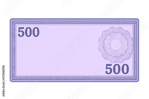 Purple Banknote Voucher Template with 500 Denomination, Guilloche Pattern, Watermark Security Elements and Decorative Border, Blank Money Coupon Certificate, Currency Design