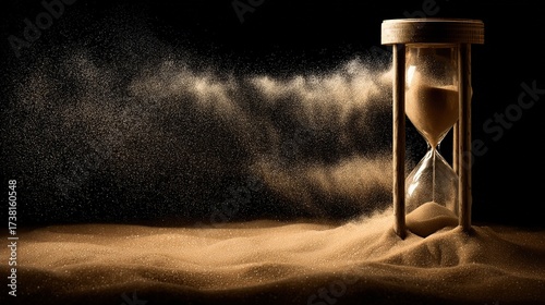 hourglass. Hourglass on stone with sand flowing and scattering in the wind. wellbeing guides, coaching materials, designed for coaching and self-improvement content, clarifies learning.