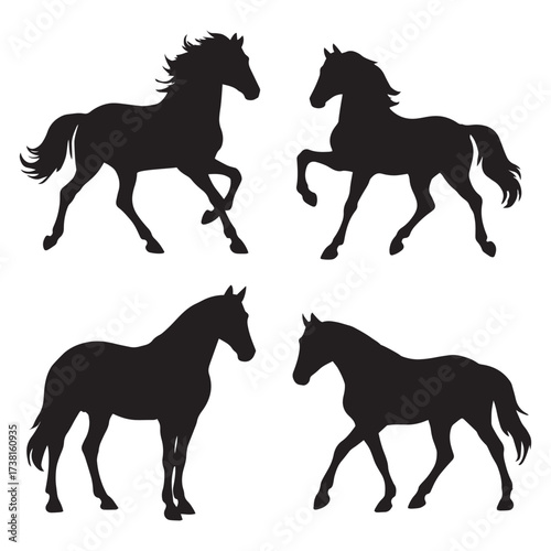 Four Black Horse Silhouettes in Various Poses