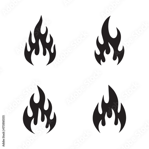 Four Black Flame Icons on White Background