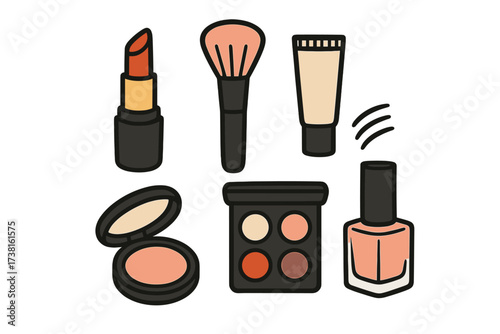Makeup Beauty Elements Vector Set. Lipstick, Face Powder, Blush Brush, Nail Polish, Eyeshadow Palette, Foundation Tube. Hand Drawn Style. Black Outlines, Soft Colors, White Background, Cosmetic Tools